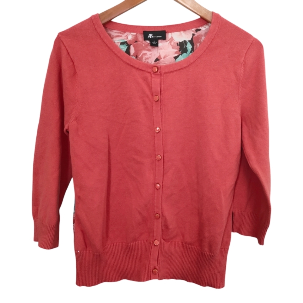 AB Studio Coral Floral Back 3/4 Sleeve Button Down Cardigan